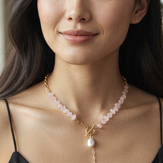 Pink-Gold ásványköves nyaklánc (szívecskés medállal)