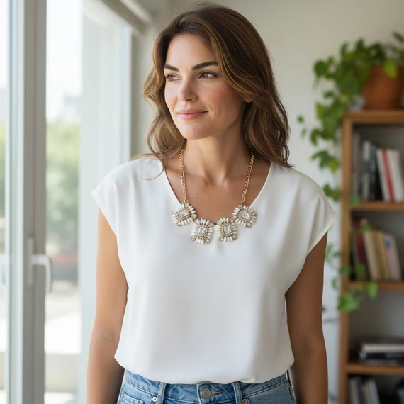 Virágos fehér-köves nyaklánc (ekrü)