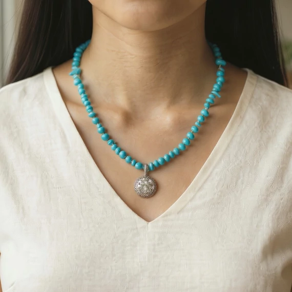 Égszín kék köves nyaklánc (nemesacél Terméskövekből)